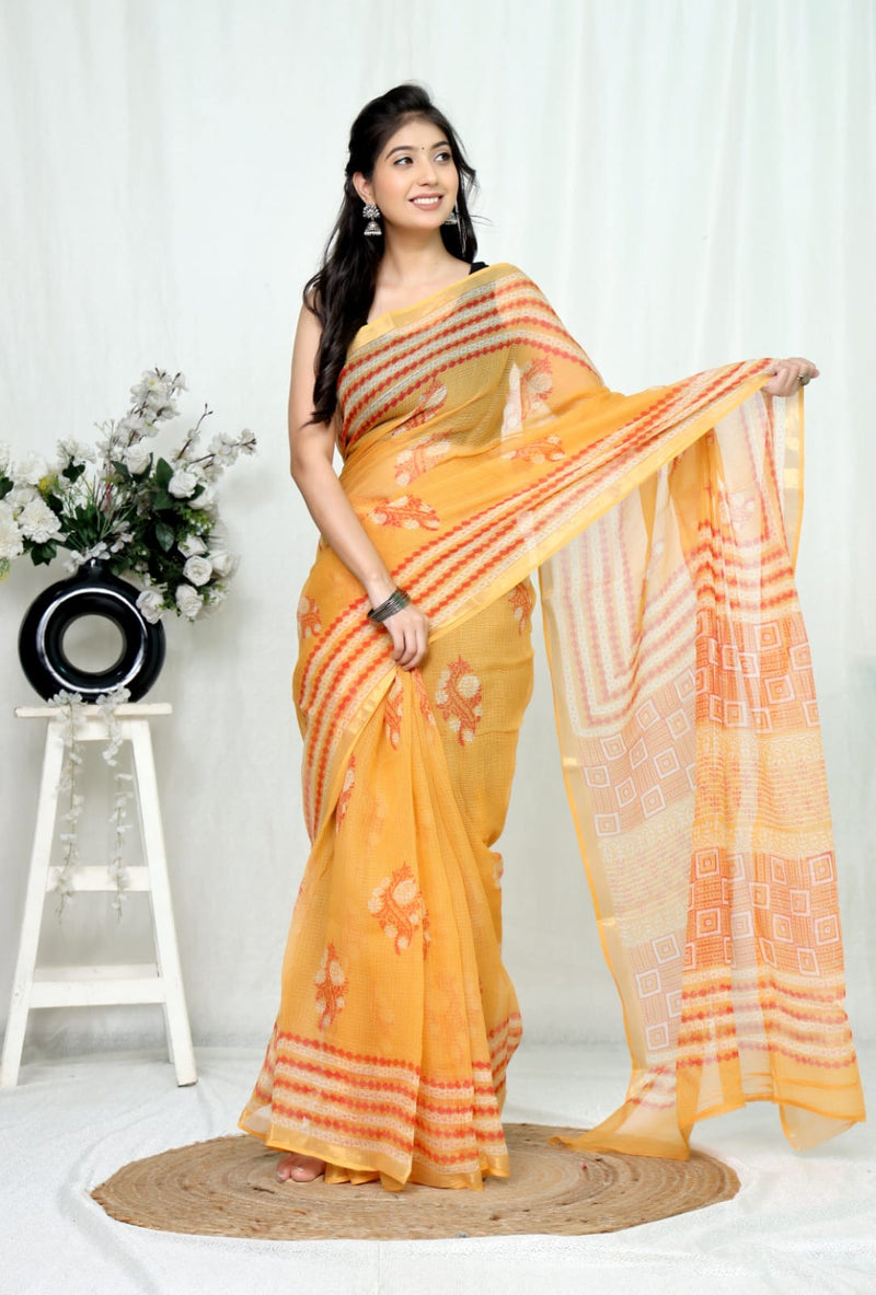 RangBagru Hand Block Printed Kota Doriya Saree with Blouse Piece