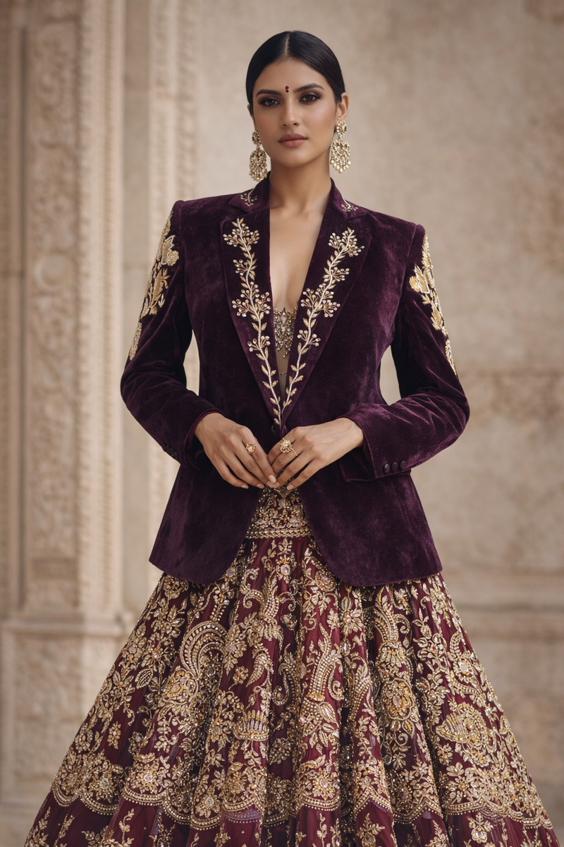 Women Wine Velvet Embroidered Blazer