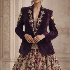 Women Wine Velvet Embroidered Blazer