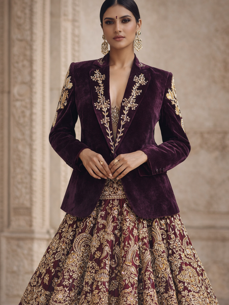 Women Wine Velvet Embroidered Blazer