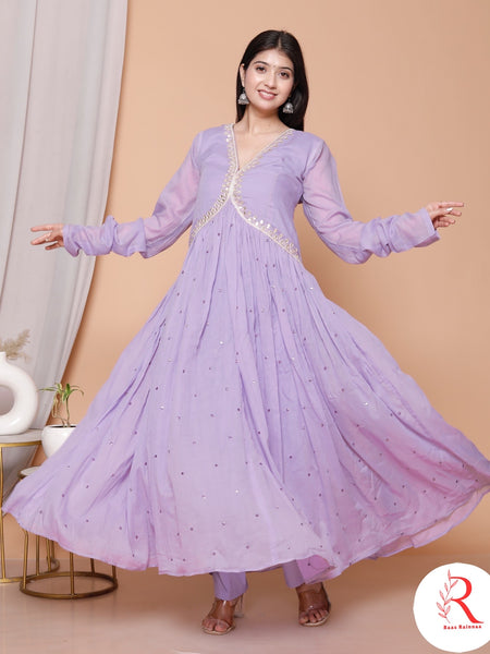 Phoolvadi – Lavender Handworked Mulmul Anarkali Set