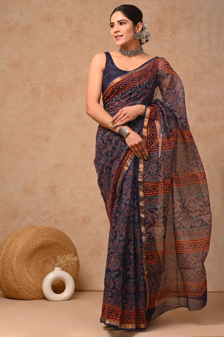 RangBagru Hand Block Printed Kota Doriya Saree with Blouse Piece