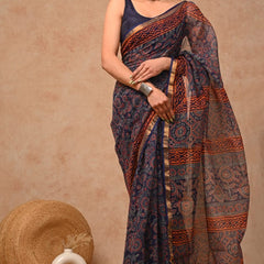 RangBagru Hand Block Printed Kota Doriya Saree with Blouse Piece