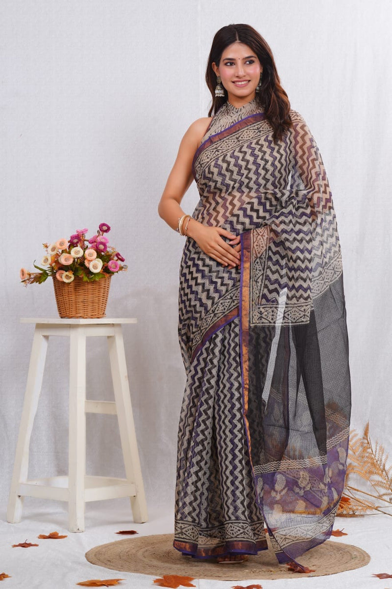 RangBagru Hand Block Printed Kota Doriya Saree with Blouse Piece
