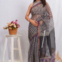 RangBagru Hand Block Printed Kota Doriya Saree with Blouse Piece