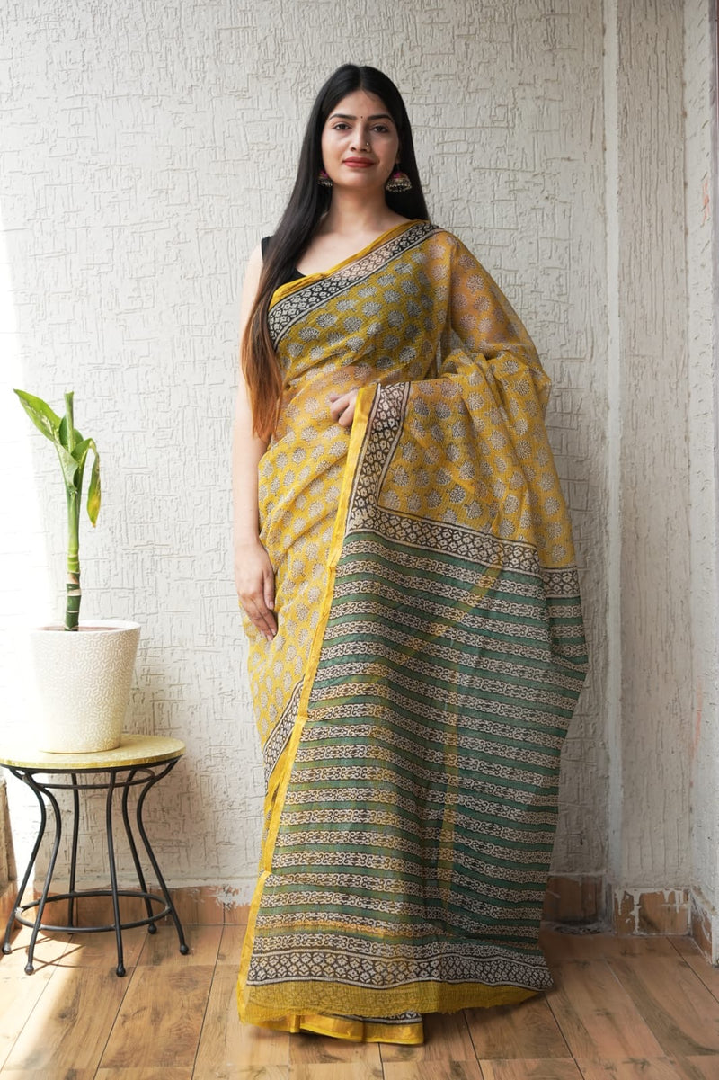 RangBagru Hand Block Printed Kota Doriya Saree with Blouse Piece