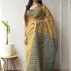 RangBagru Hand Block Printed Kota Doriya Saree with Blouse Piece