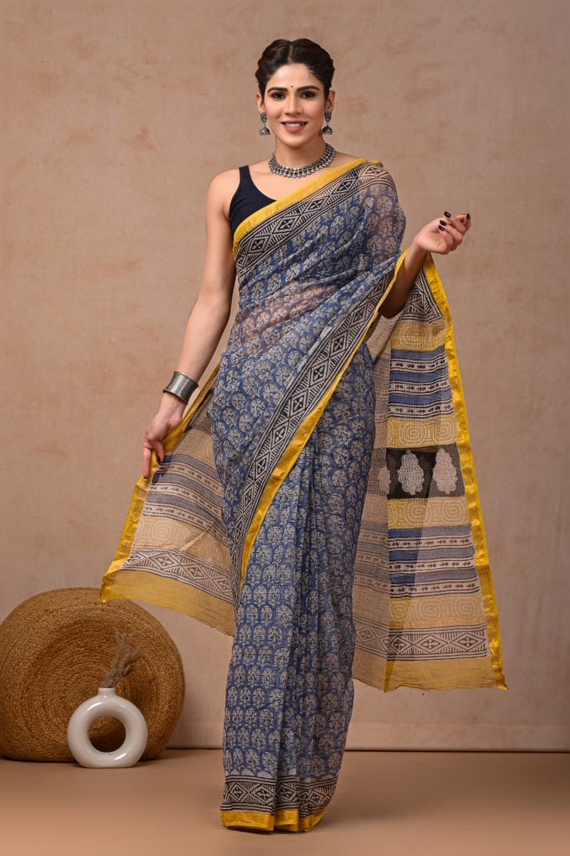 RangBagru Hand Block Printed Kota Doriya Saree with Blouse Piece