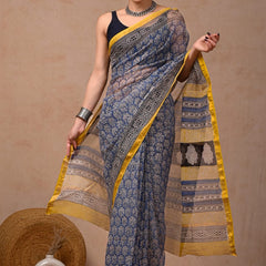 RangBagru Hand Block Printed Kota Doriya Saree with Blouse Piece