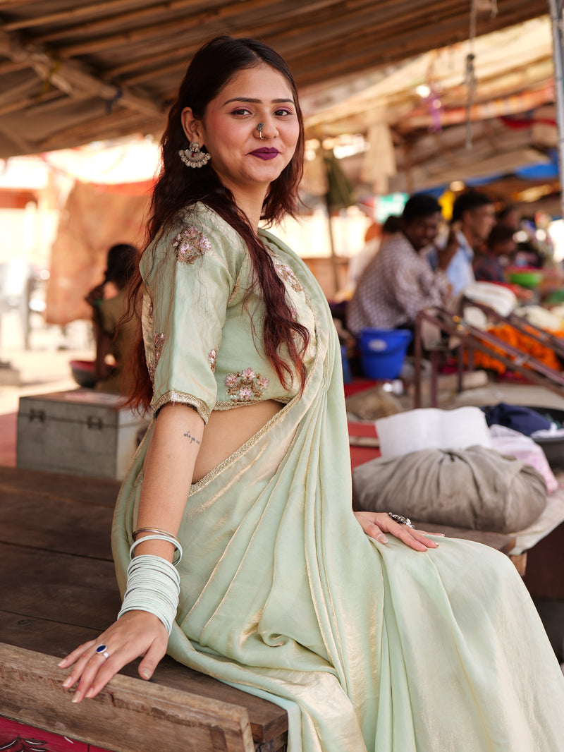Mint Elegance – Embroidered Silk Saree with Intricate Floral Handwork