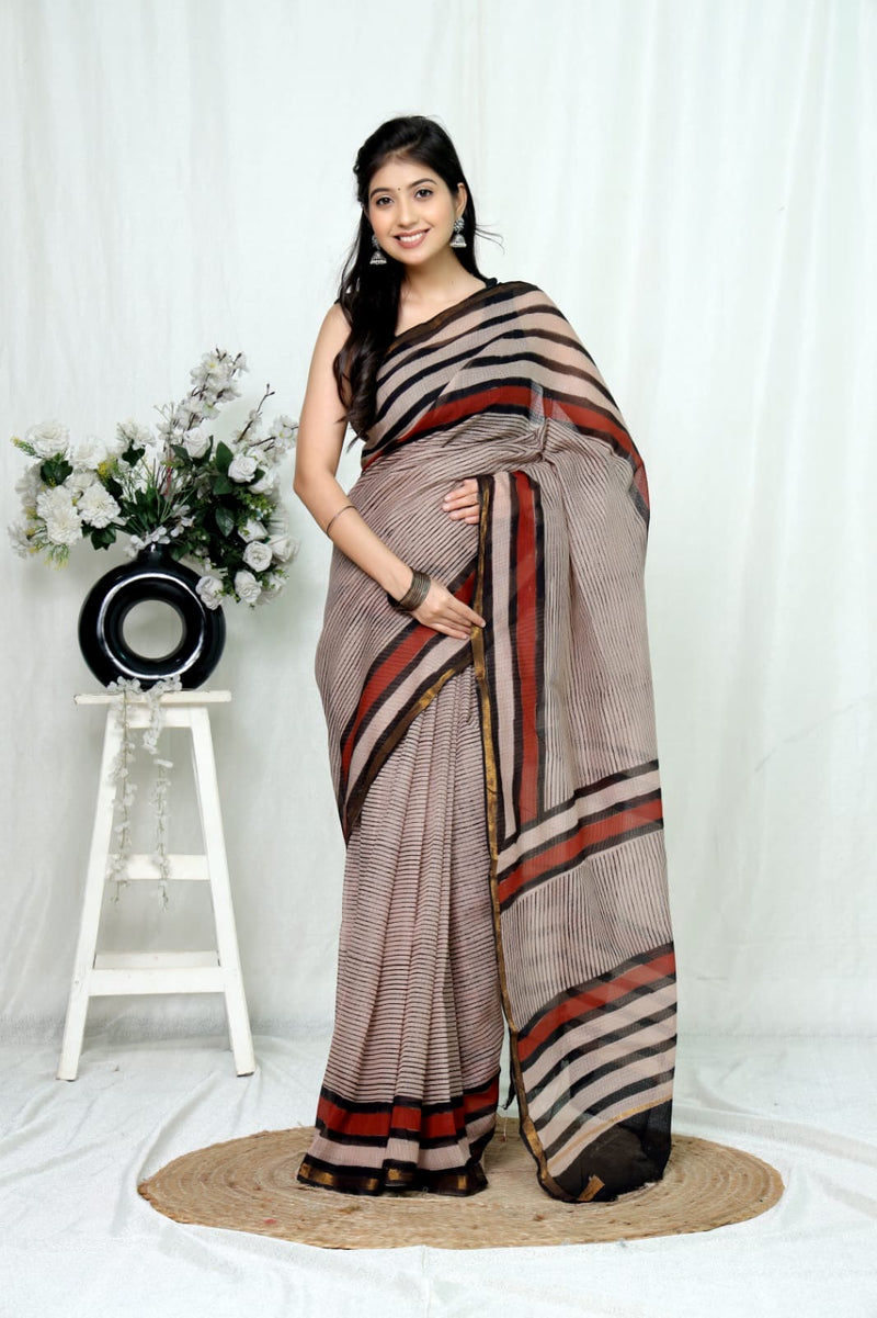 RangBagru Hand Block Printed Kota Doriya Saree with Blouse Piece
