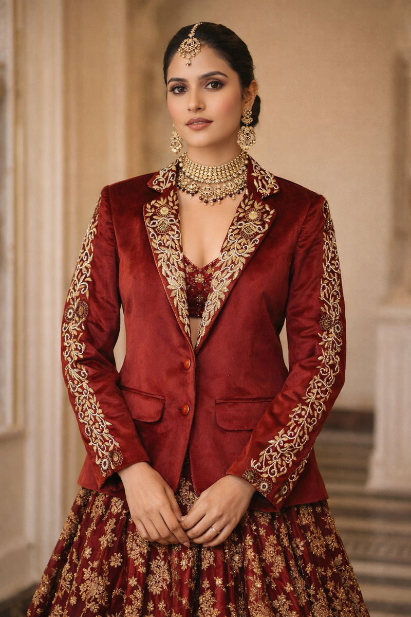 Women Velvet Embroidered Blazer