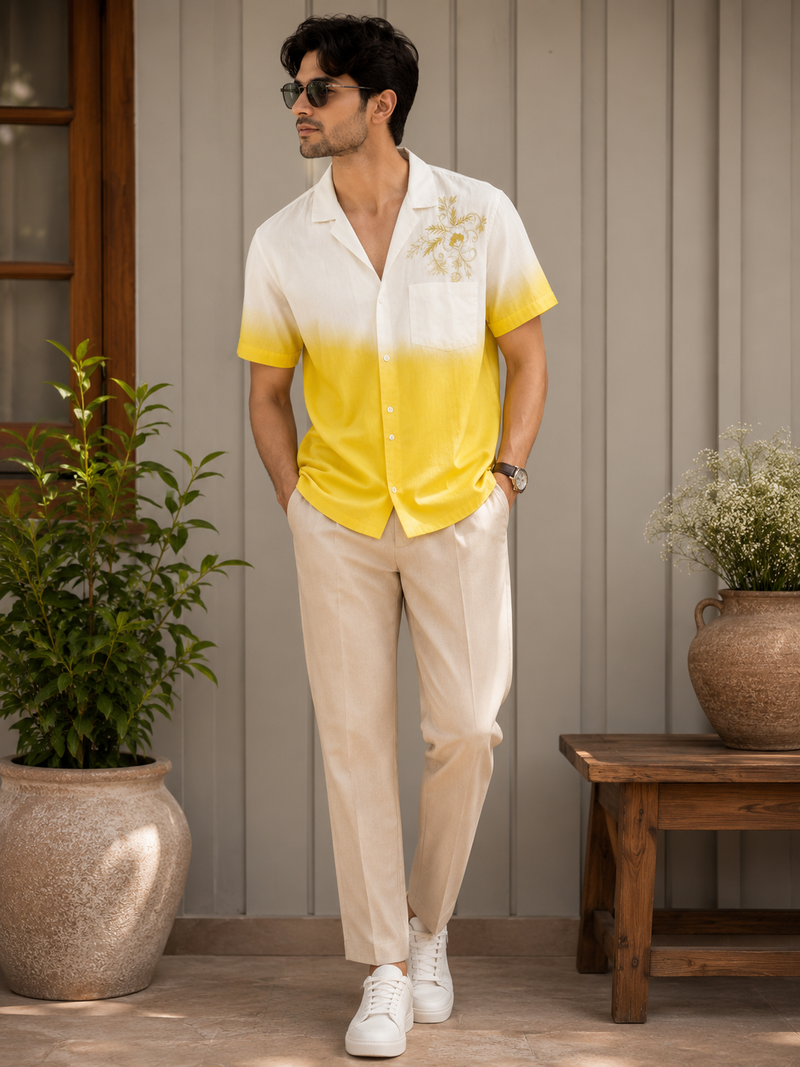 Rasrainaa Men’s White & Sunshine Yellow Ombre Embroidered Resort Shirt | Premium Cotton Summer Wearing