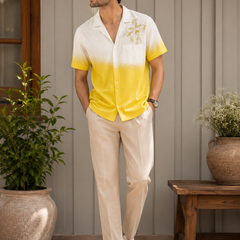 Rasrainaa Men’s White & Sunshine Yellow Ombre Embroidered Resort Shirt | Premium Cotton Summer Wearing