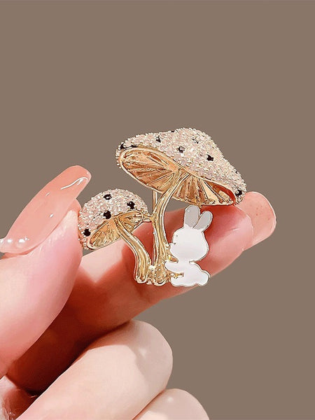 Enchanted Bunny Garden – Crystal Mushroom Brooch