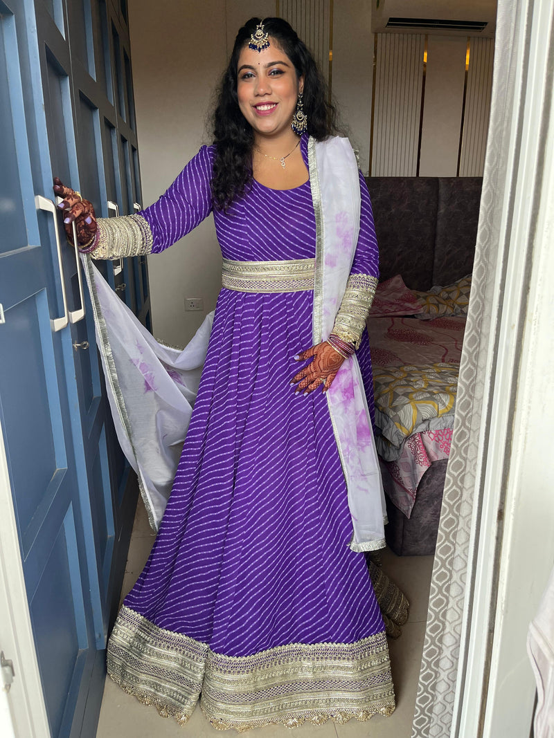 Royal Purple Bandhani Lehenga Style Anarkali Suit with Intricate Zari Border & Dupatta | Rasrainaa