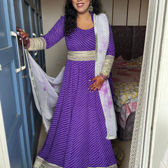 Royal Purple Bandhani Lehenga Style Anarkali Suit with Intricate Zari Border & Dupatta | Rasrainaa