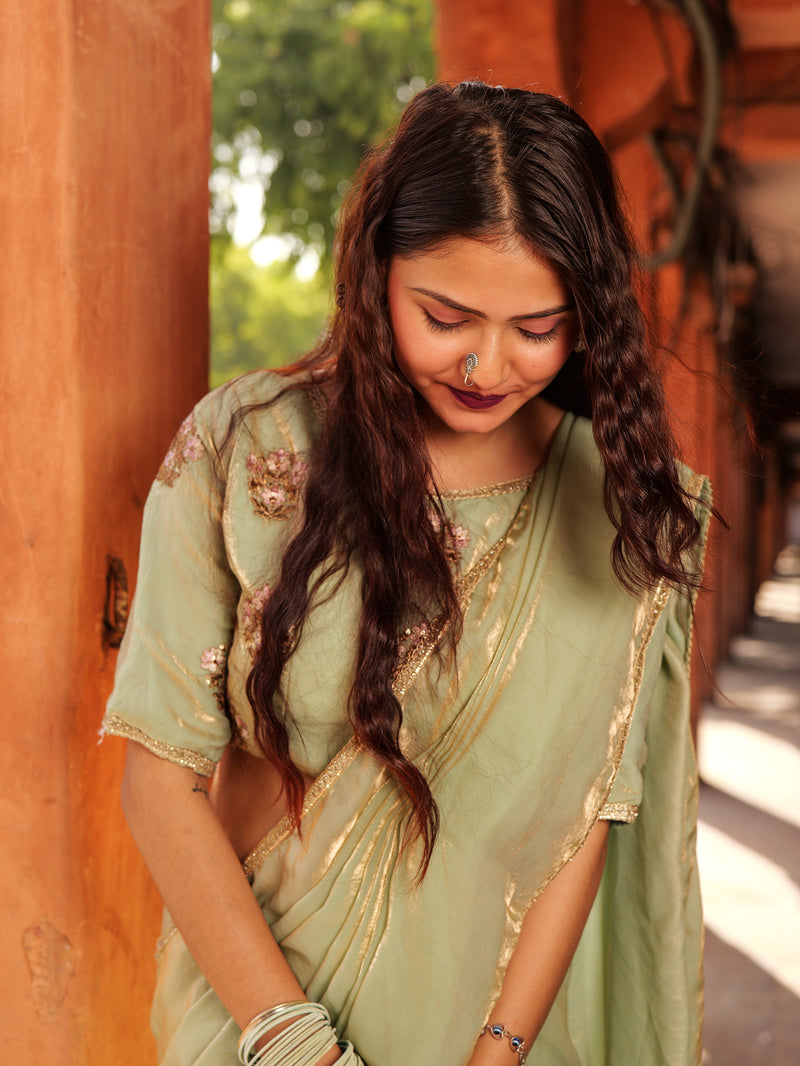 Mint Elegance – Embroidered Silk Saree with Intricate Floral Handwork