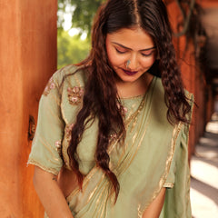 Mint Elegance – Embroidered Silk Saree with Intricate Floral Handwork
