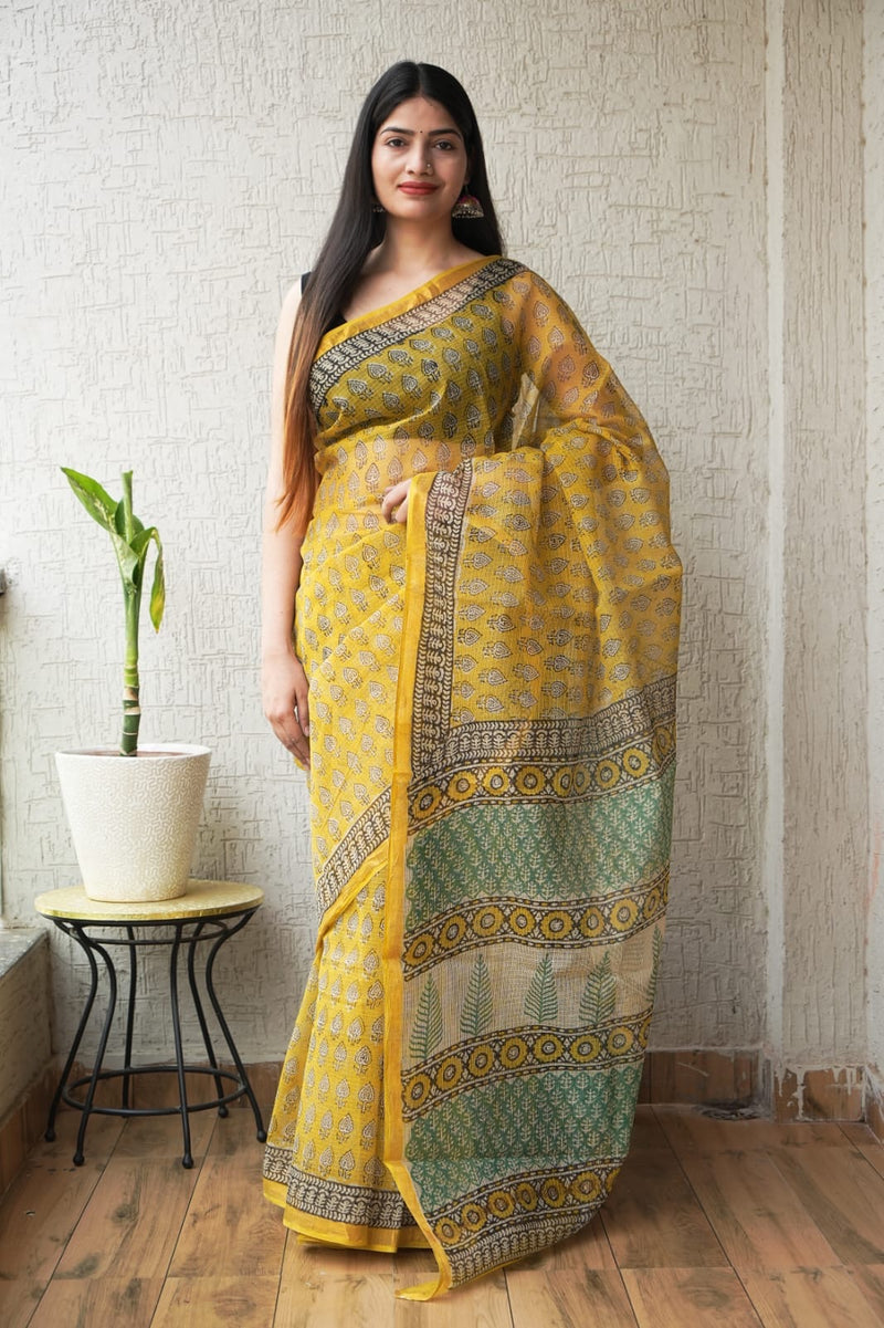 RangBagru Hand Block Printed Kota Doriya Saree with Blouse Piece