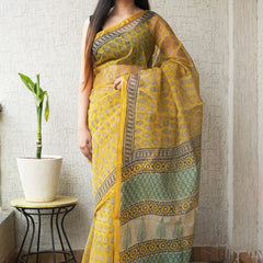 RangBagru Hand Block Printed Kota Doriya Saree with Blouse Piece