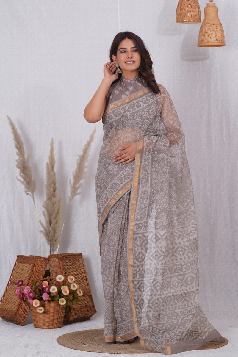 RangBagru Hand Block Printed Kota Doriya Saree with Blouse Piece