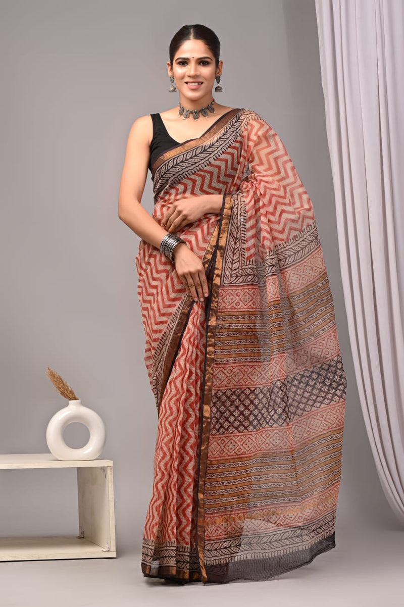 RangBagru Hand Block Printed Kota Doriya Saree with Blouse Piece