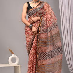 RangBagru Hand Block Printed Kota Doriya Saree with Blouse Piece