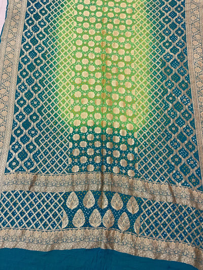 Bandhani Dupatta-Gharchola and Neemjhari print (Blue - Green)