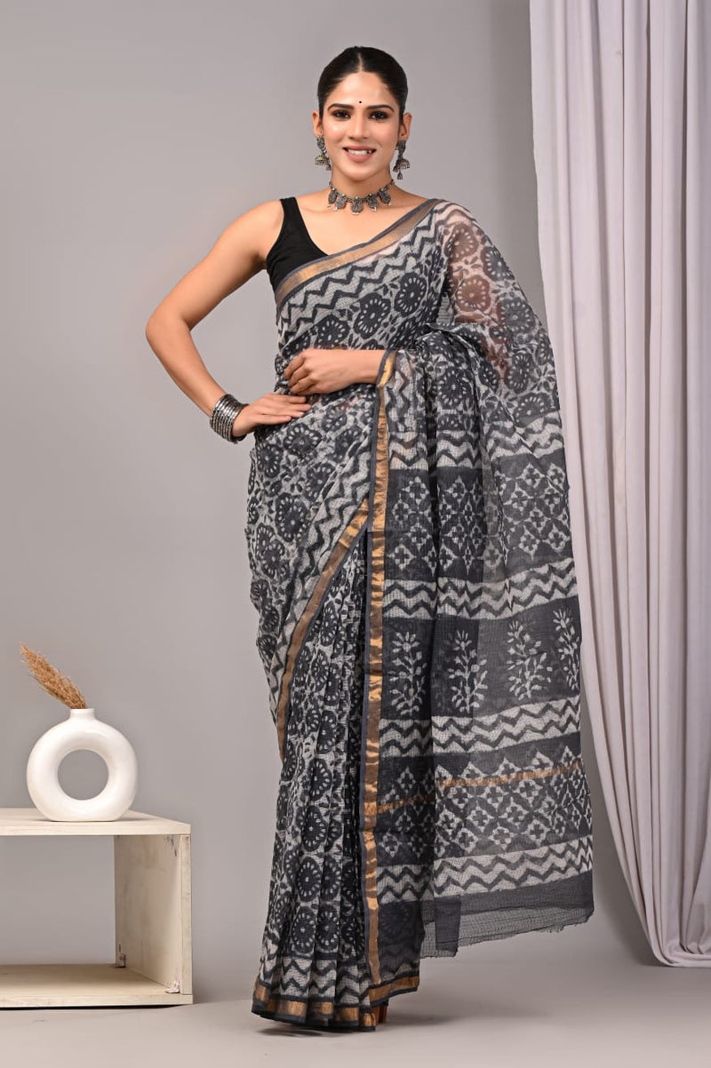 RangBagru Hand Block Printed Kota Doriya Saree with Blouse Piece