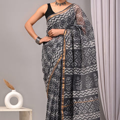 RangBagru Hand Block Printed Kota Doriya Saree with Blouse Piece