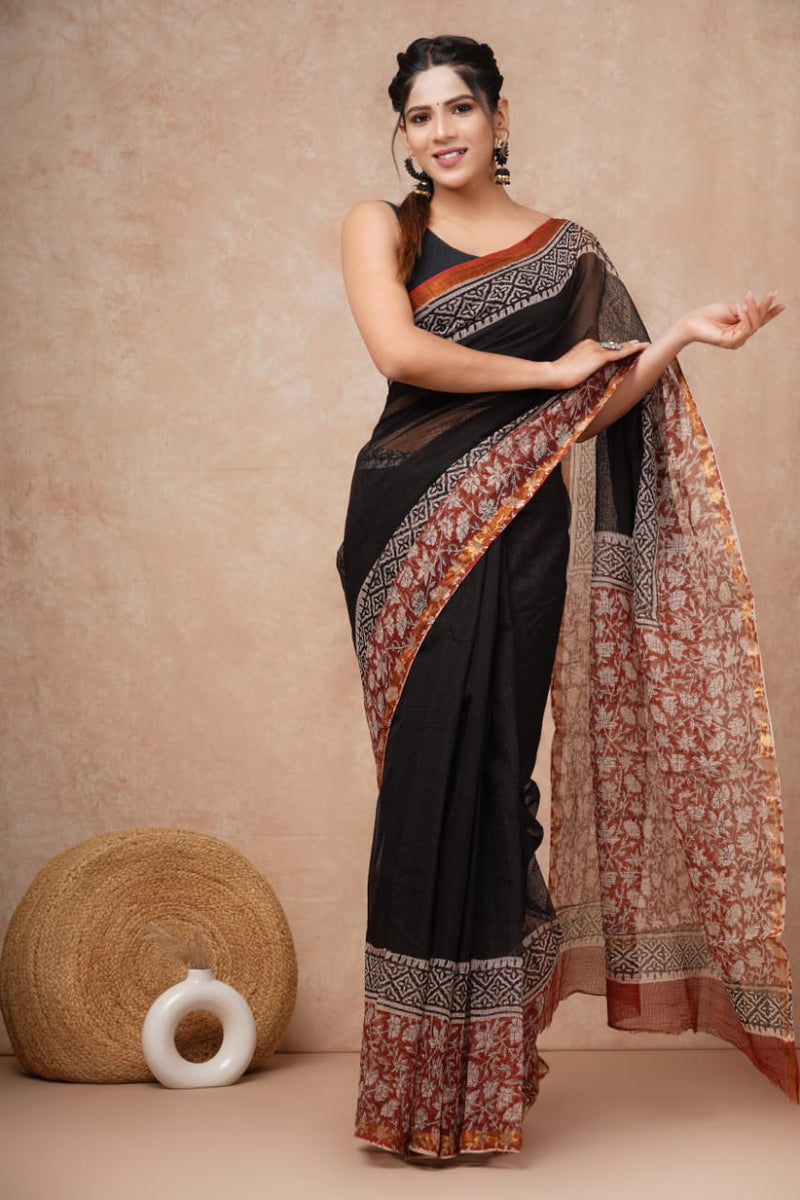 RangBagru Hand Block Printed Kota Doriya Saree with Blouse Piece