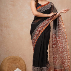 RangBagru Hand Block Printed Kota Doriya Saree with Blouse Piece