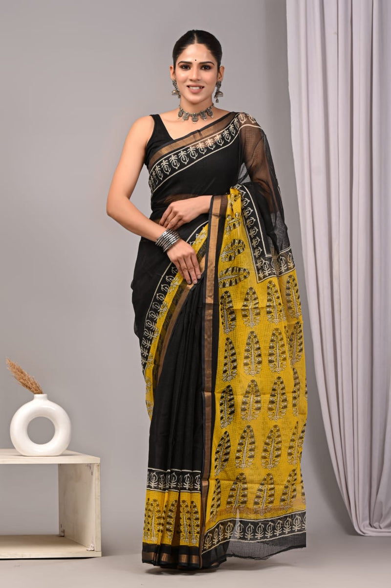 RangBagru Hand Block Printed Kota Doriya Saree with Blouse Piece