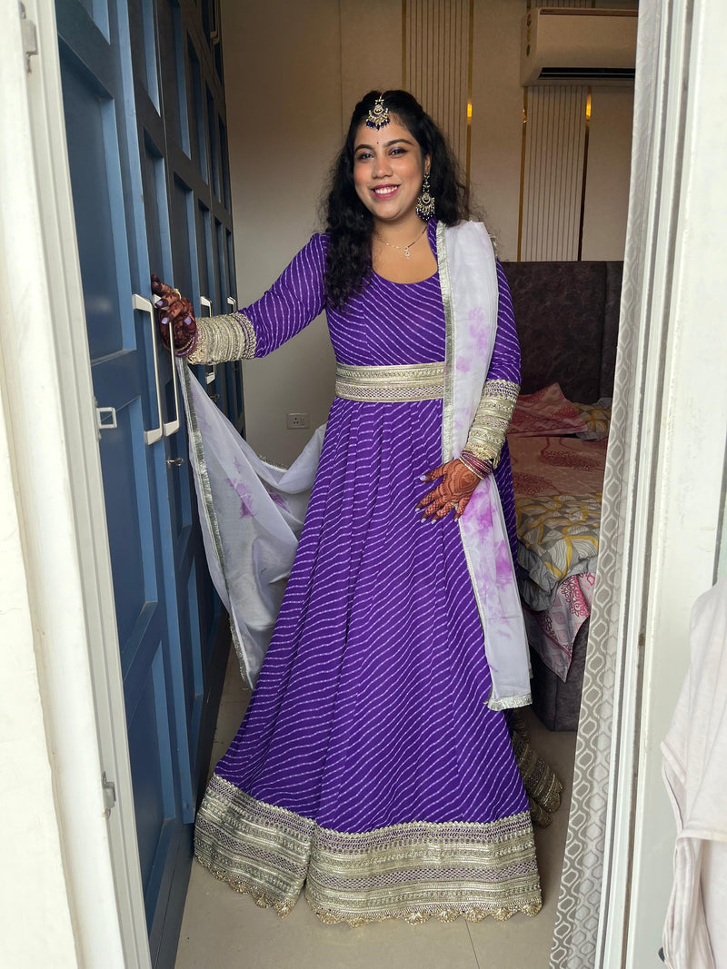 Royal Purple Bandhani Lehenga Style Anarkali Suit with Intricate Zari Border & Dupatta | Rasrainaa