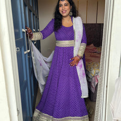 Royal Purple Bandhani Lehenga Style Anarkali Suit with Intricate Zari Border & Dupatta | Rasrainaa