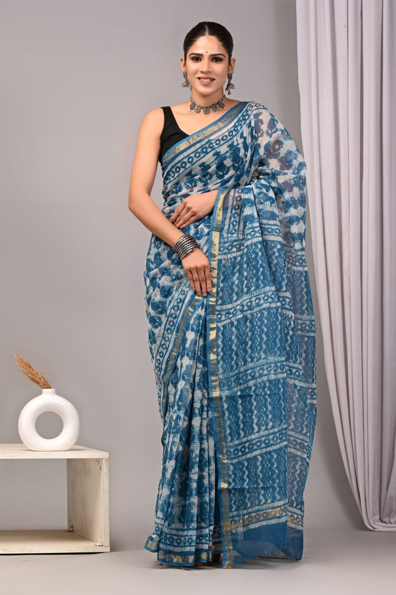 RangBagru Hand Block Printed Kota Doriya Saree with Blouse Piece