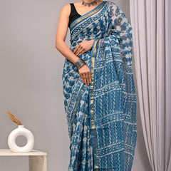 RangBagru Hand Block Printed Kota Doriya Saree with Blouse Piece