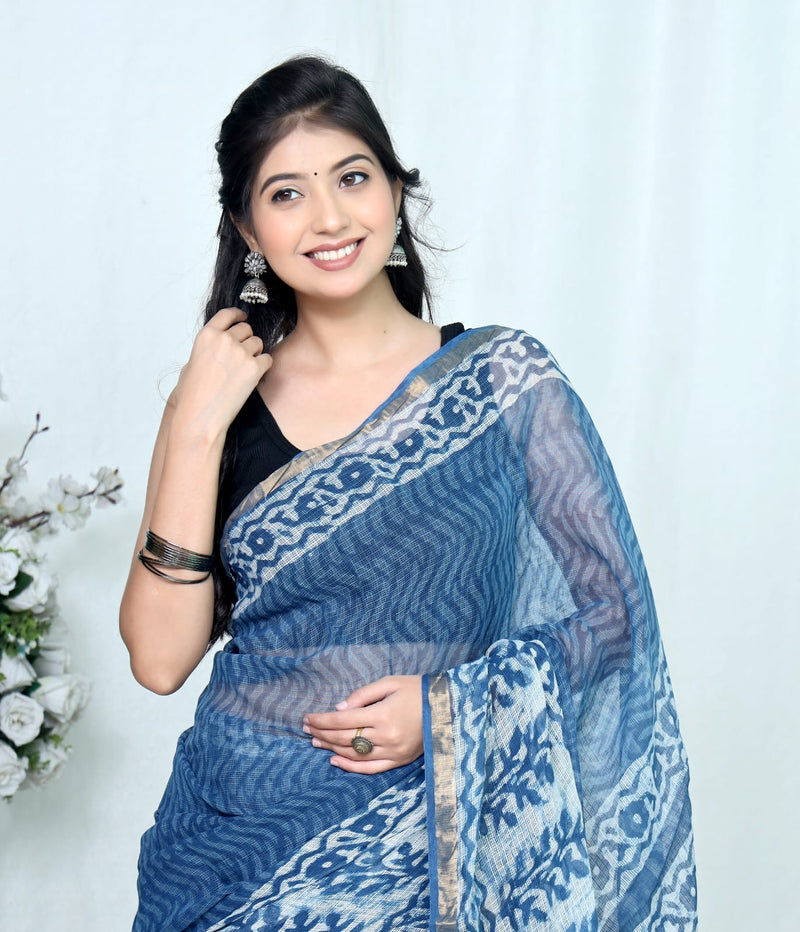 RangBagru Hand Block Printed Kota Doriya Saree with Blouse Piece