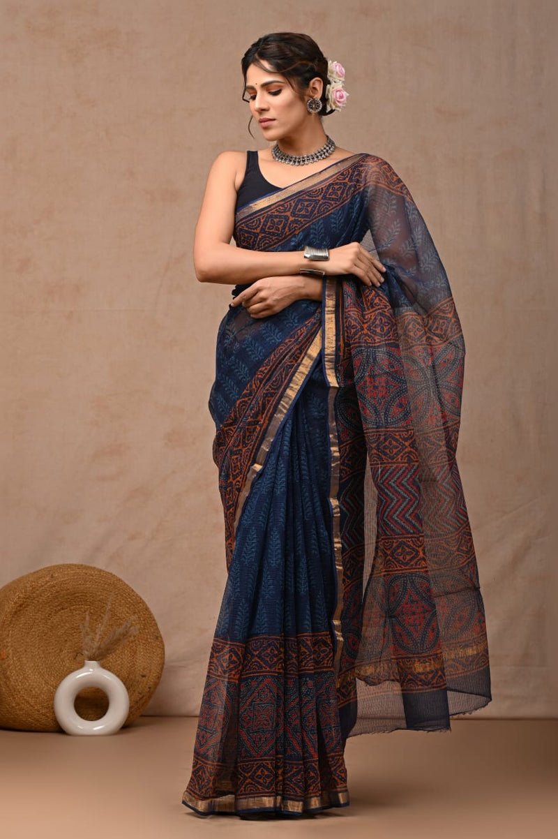 RangBagru Hand Block Printed Kota Doriya Saree with Blouse Piece