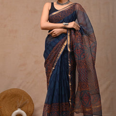 RangBagru Hand Block Printed Kota Doriya Saree with Blouse Piece