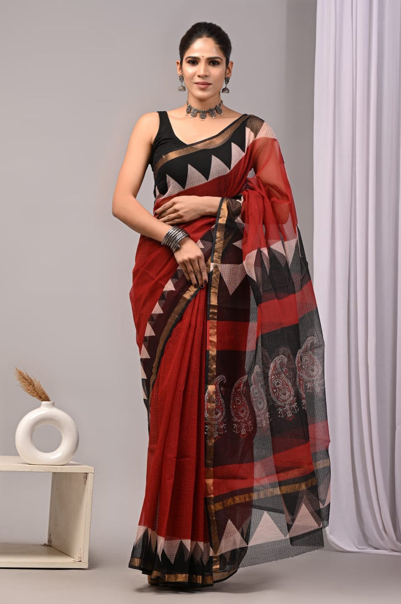 RangBagru Hand Block Printed Kota Doriya Saree with Blouse Piece