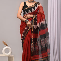 RangBagru Hand Block Printed Kota Doriya Saree with Blouse Piece