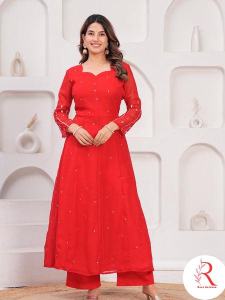 🌶️🌶️ Gulnar” – Red Gota Handworked Georgette Anarkali Set
