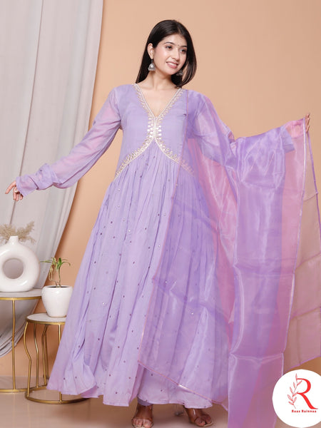 Phoolvadi – Lavender Handworked Mulmul Anarkali Set