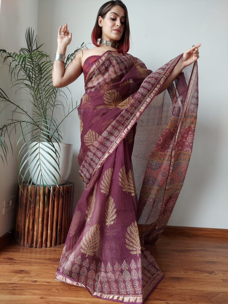 RangBagru Hand Block Printed Kota Doriya Saree with Blouse Piece