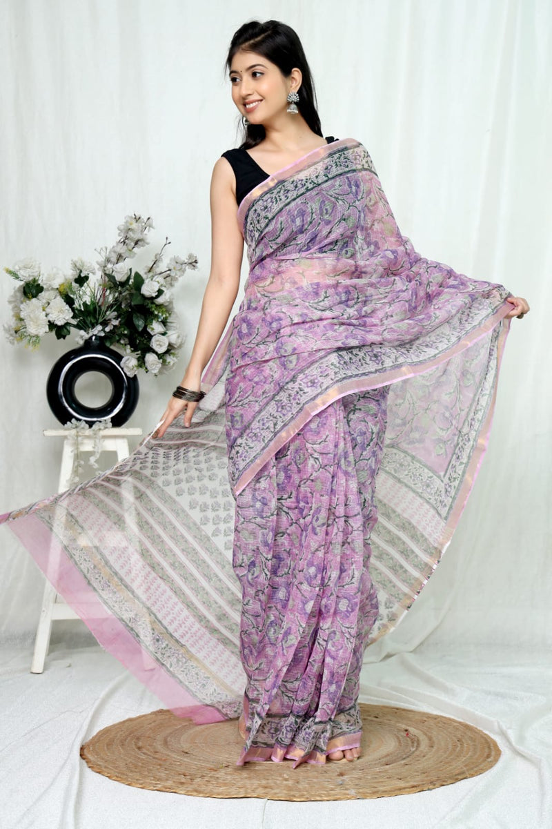 RangBagru Hand Block Printed Kota Doriya Saree with Blouse Piece