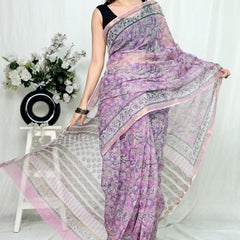 RangBagru Hand Block Printed Kota Doriya Saree with Blouse Piece