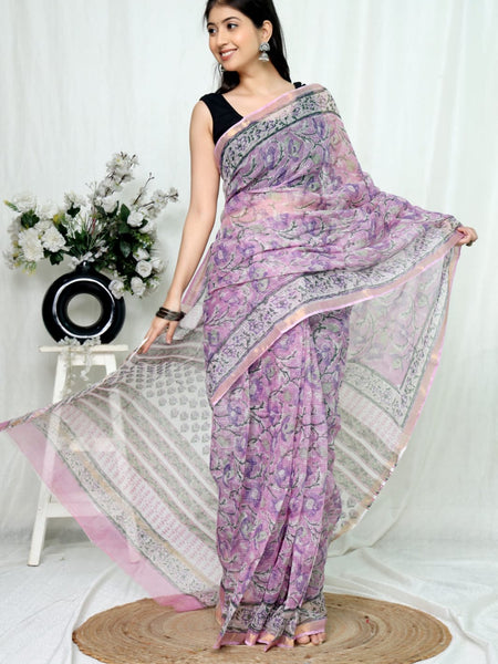 RangBagru Hand Block Printed Kota Doriya Saree with Blouse Piece