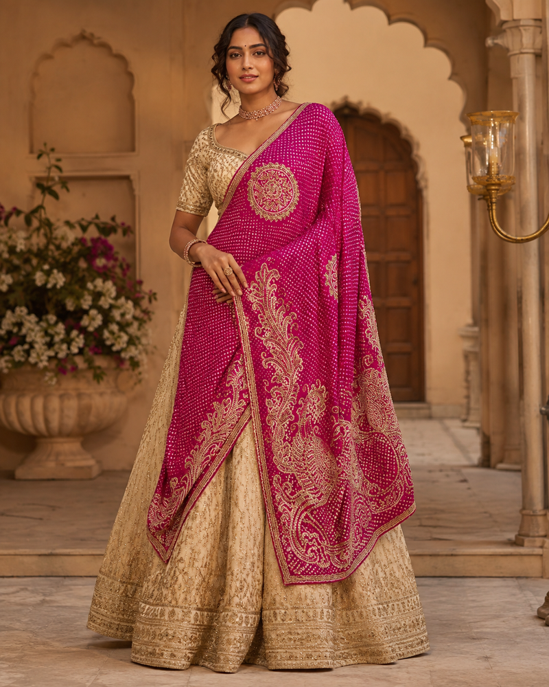 Handcrafted Gajji Silk Handwork Dupatta with Traditional Paisley & Bandhani-Inspired Embroidery